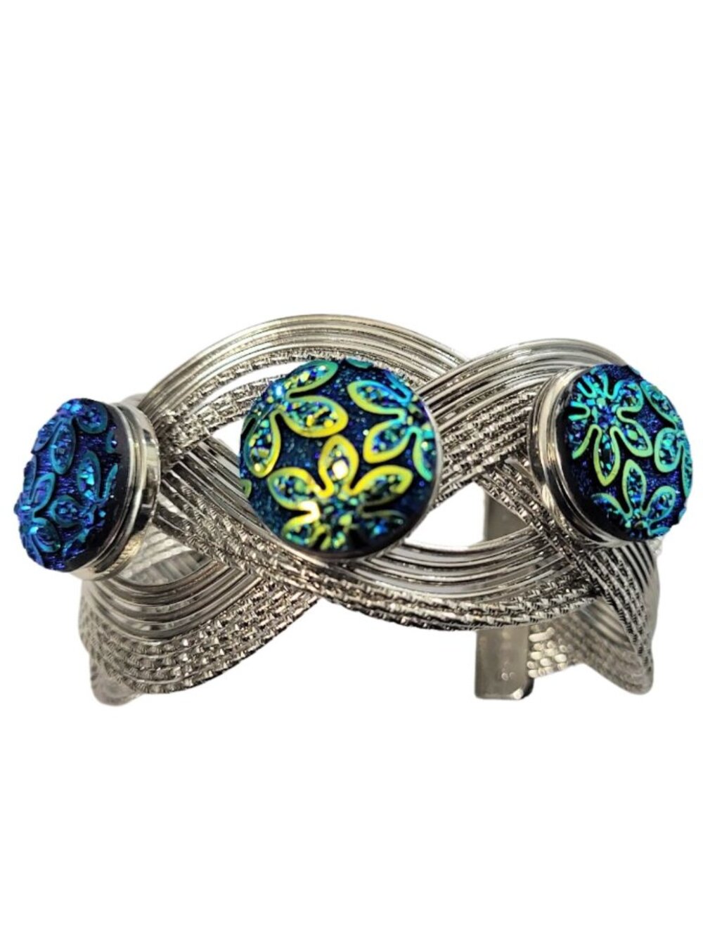 Teal Silver Metal Weave Snap Cuff Bracelet With Interchangeable Button Charms
